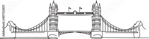 Single continuous line drawing Tower Bridge landmark. Iconic beauty place in London, United Kingdom. World travel home decor wall art poster print concept. one line Icon drawing