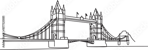 Single continuous line drawing Tower Bridge landmark. Iconic beauty place in London, United Kingdom. World travel home decor wall art poster print concept. one line Icon drawing