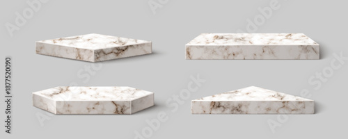3D set of geometric marble platforms isolated on background. Vector realistic illustration of luxury triangular, square and hexagonal stone stage for product presentation, interior design element