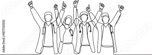 One single line drawing of group of male doctor and female doctor line up to celebrate their successful surgery operation. Team work success concept. one line Icon drawing