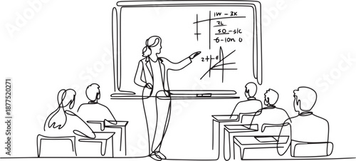 Continuous one line drawing woman teacher professor standing in front of blackboard teaching student in classroom. College class or university teacher teach in classroom. one line Icon drawing