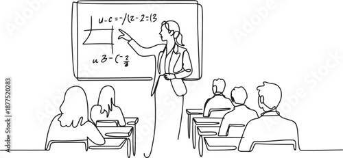 Continuous one line drawing woman teacher professor standing in front of blackboard teaching student in classroom. College class or university teacher teach in classroom. one line Icon drawing