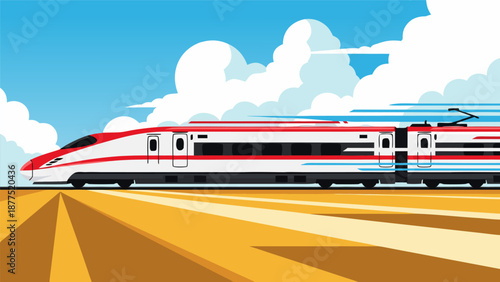 Modern high-speed train vector illustration in motion with a futuristic design on a bright sunny day, showcasing speed and travel technology