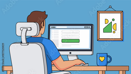 Vector illustration of a man working on a computer at a desk with a mug and artwork on the wall