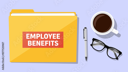 Employee Benefits Folder Vector Illustration with Coffee and Glasses on a Flat Surface