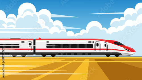 Modern high speed train moving fast on tracks vector illustration with abstract motion blur background