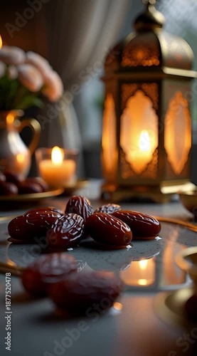 Close-up of dates and water on an elegant table, soft candlelight, Islamic lantern glowing, minimal luxury setup, dark background, shallow depth of field, calm spiritual mood.