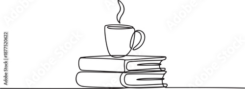 Single continuous line drawing of stack of books with a mug of coffee above on library desk. Business and education concept. one line Icon drawing