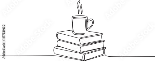 Single continuous line drawing of stack of books with a mug of coffee above on library desk. Business and education concept. one line Icon drawing