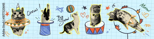 Halftone doodle circus cats on grid bg. Vector realistic illustration of funny pet memes, cute kittens playing with hand drawn jabot collar and mask, color podium, jumping through a ring, stickers set