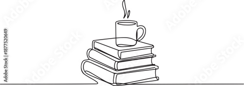 Single continuous line drawing of stack of books with a mug of coffee above on library desk. Business and education concept. one line Icon drawing