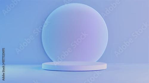 3D podium with round glass morphism decoration on light blue background. Vector realistic illustration of circular platform for product advertising, award presentation showroom, soft shadow on floor