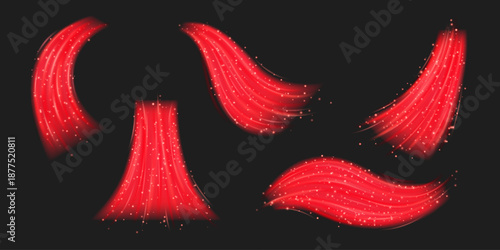 Warm airflow effects set isolated on background. Vector realistic illustration of neon red hot wind swirls, abstract aroma waves with shimmering particles, air conditioning system, heat flow stream