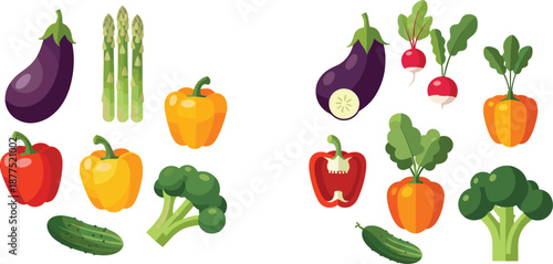 Fresh, vegetables, illustration, set, eggplant, asparagus, bell pepper, broccoli, cucumber, radish, healthy, organic, food, vegan, vegetarian, natural, colorful, isolated, white, background