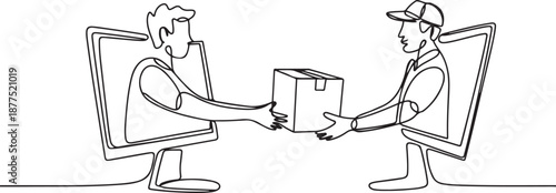 Single one line drawing male customer receives boxed package, through monitor screen from male courier. Online delivery service concept. one line Icon drawing