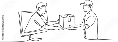 Single one line drawing male customer receives boxed package, through monitor screen from male courier. Online delivery service concept. one line Icon drawing