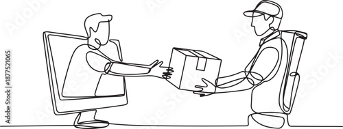Single one line drawing male customer receives boxed package, through monitor screen from male courier. Online delivery service concept. one line Icon drawing