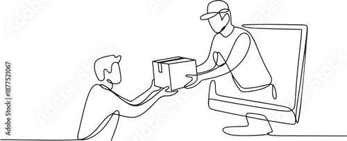 Single one line drawing male customer receives boxed package, through monitor screen from male courier. Online delivery service concept. one line Icon drawing