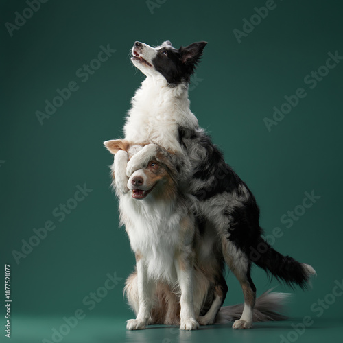 Fotografi Two border collies stand on their hind legs in a balancing stance, facing each other