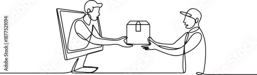 Single one line drawing male customer receives boxed package, through monitor screen from male courier. Online delivery service concept. one line Icon drawing