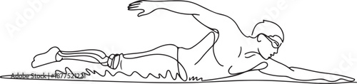 Single continuous line drawing young male athlete with disabilities playing in swimming at tournament games. Disabled sport, success, championship. one line Icon drawing
