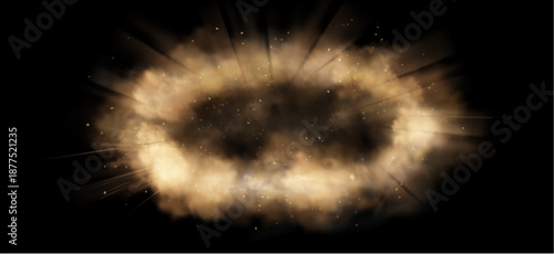 Brown dust explosion effect on black background. Vector realistic illustration of circular smoke cloud with flying sand and stone particles, mud splash after strong blast, game ui design element