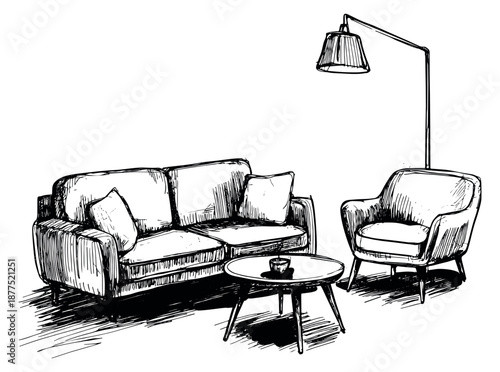 Hand drawn line art furniture set featuring a comfortable sofa, armchair, coffee table, and floor lamp for home and interior design