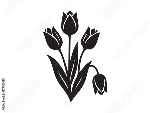 Minimalist black and white vector illustration of four elegant tulip flowers including one drooping wilted bloom on white background
