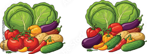 Fresh, vegetables, illustration, cabbage, tomato, cucumber, eggplant, pepper, potato, organic, healthy, food, farm, harvest, vegan, vegetarian, nutrition, flat, vector, design