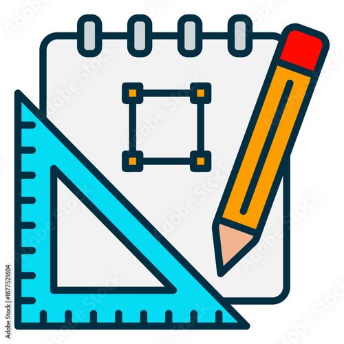 Design process icon with sketchbook and pencil tools