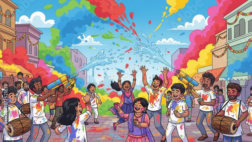 Vibrant People Celebrating Festival with Colorful Powder in City Street