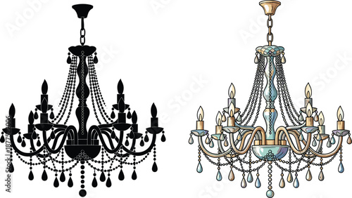 Luxury, chandelier, illustration, classic, crystal, lighting, elegant, interior, decor, vintage, lamp, ornate, design, hanging, ceiling, antique, glamour, home, vector, art