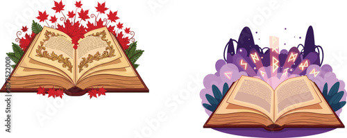 Magic, book, illustration, fantasy, autumn, leaves, mystical, symbols, open, pages, knowledge, imagination, spell, story, education, creativity, fairytale, concept, vector, art