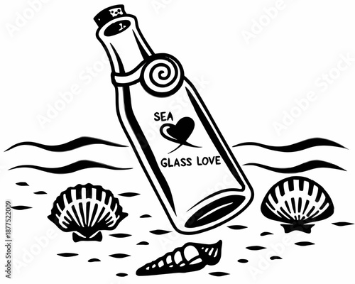 Romantic sea glass love message in a bottle with seashells