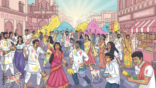 People Celebrating Holi Festival in Colorful Indian Street