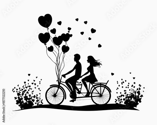 Loving couple riding bicycle with heart balloons