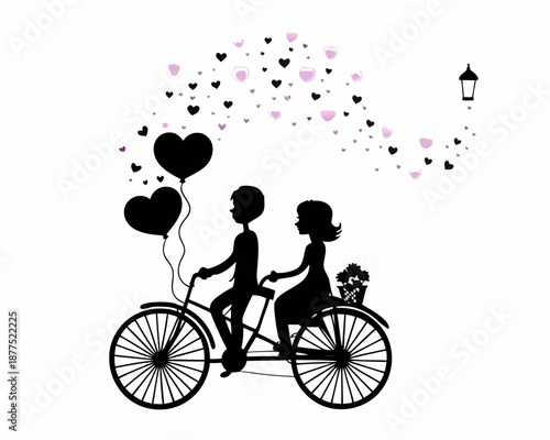 Romantic couple riding tandem bike with heart balloons