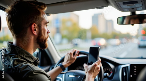 A male driver was distracted while driving by his smartphone in his hand.
