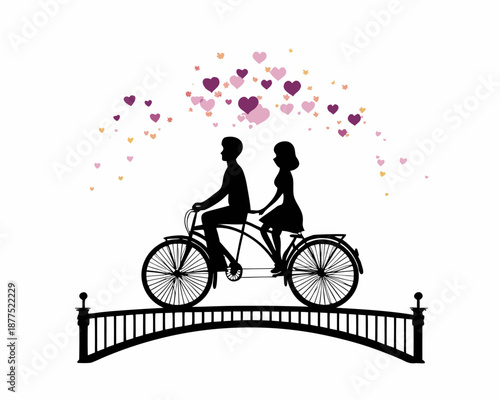 Loving couple riding bicycle over bridge with hearts