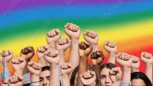 Diverse People Fists Raised in Solidarity under Rainbow Flag