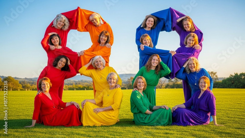 Women in Rainbow Colors Forming Human Alphabet Letters
