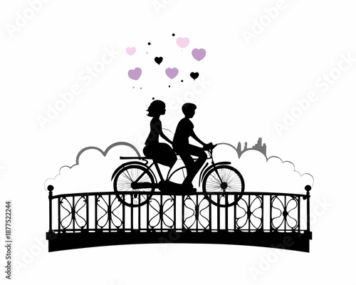Couple rides tandem bike across bridge with hearts