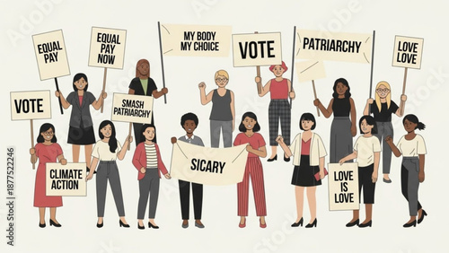 Diverse Group of People Protesting with Signs for Equality and Climate Action