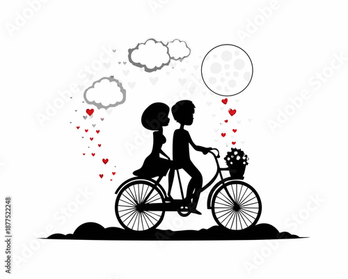 Romantic couple rides bicycle together under heart filled sky