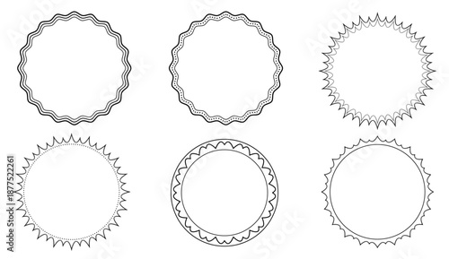 Minimal Black and White Circular Stamp Frame Set With Wavy, Scalloped and Dotted Borders, Clean Outline Vector Badges for Logos, Labels, Emblems, Packaging, Certificates and Vintage Design Templates