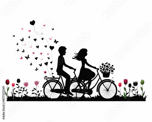 Couple riding bicycle together in love with hearts and flowers