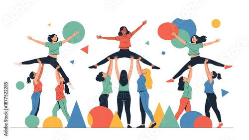 Diverse Group of People Doing Acrobatic Poses with Colorful Shapes on White Background