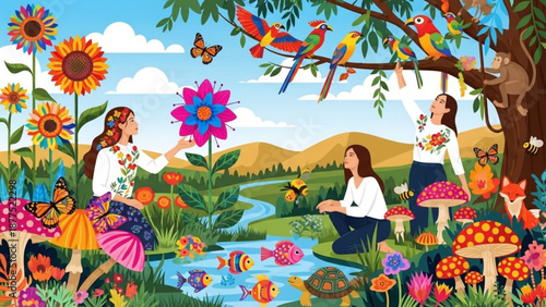 Women Relaxing in Colorful Garden with Flowers and Fish Pond