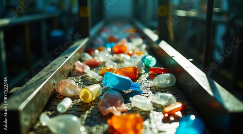 Plastic waste travels along a conveyor belt for recycling.
