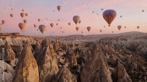 Hot Air Balloons Flying Over Cappadocia Landscape.